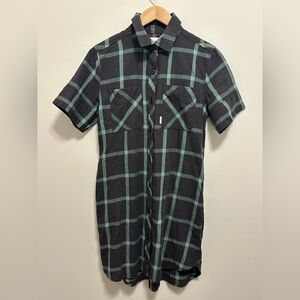 Topo Designs Women's Shirt Dress Black Green Plaid Flannnel Organic Cotton Small